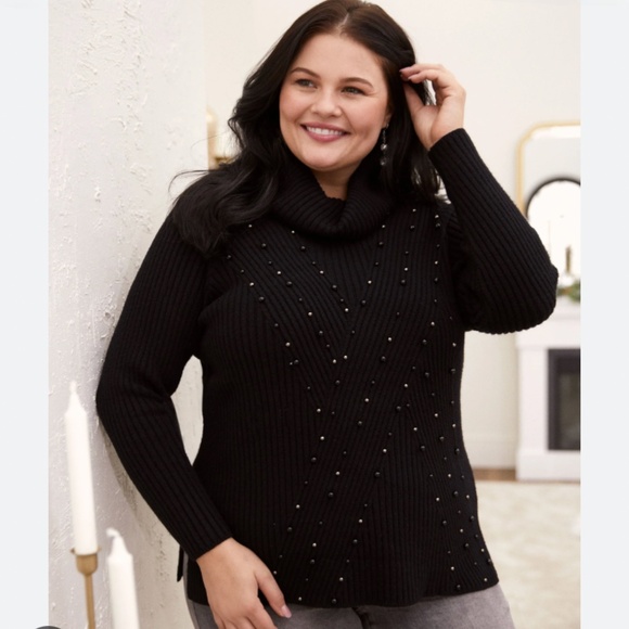Laura Black Stud Detail Holiday Party Cowl Neck Rib Knit Sweater. Sz -1X - Picture 1 of 15